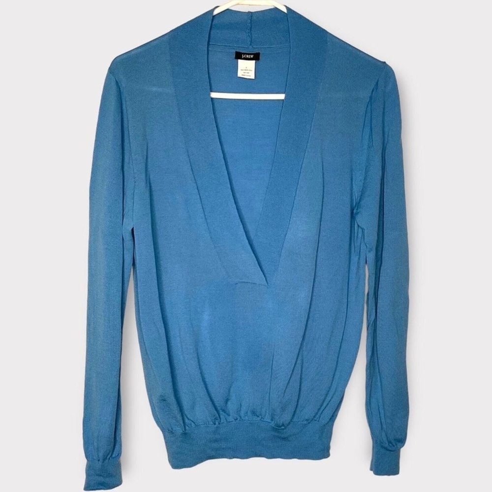 J. Crew Blue Long Sleeve V-Neck Sweater Women L China 100% Merino Wool Hand Wash